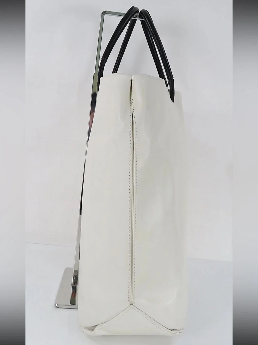 CHANEL White Canvas Tote with Black Handles and Logo
